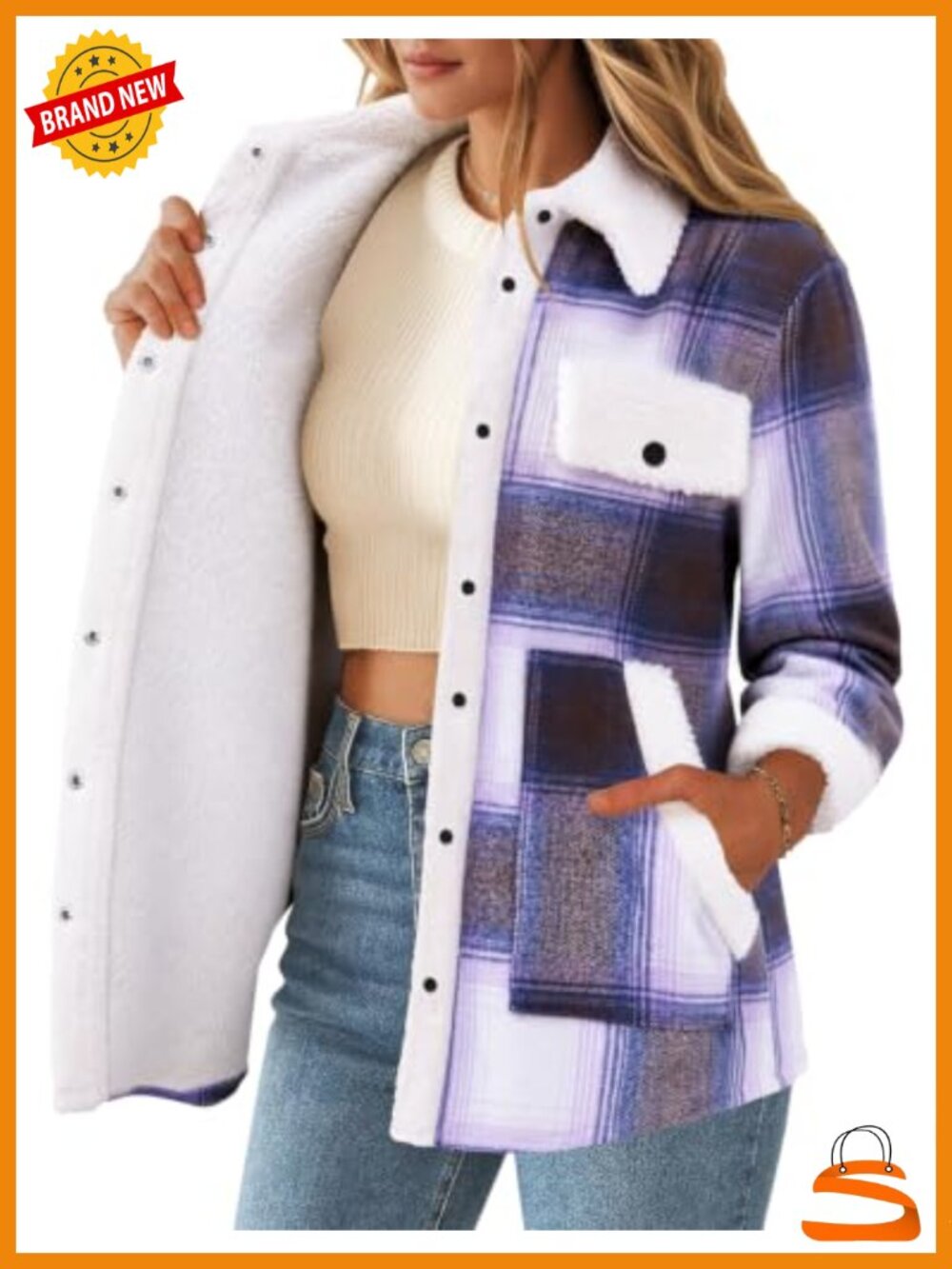 Fleece Lined Plaid Shacket Button Down Casual Jacket Loose Fit